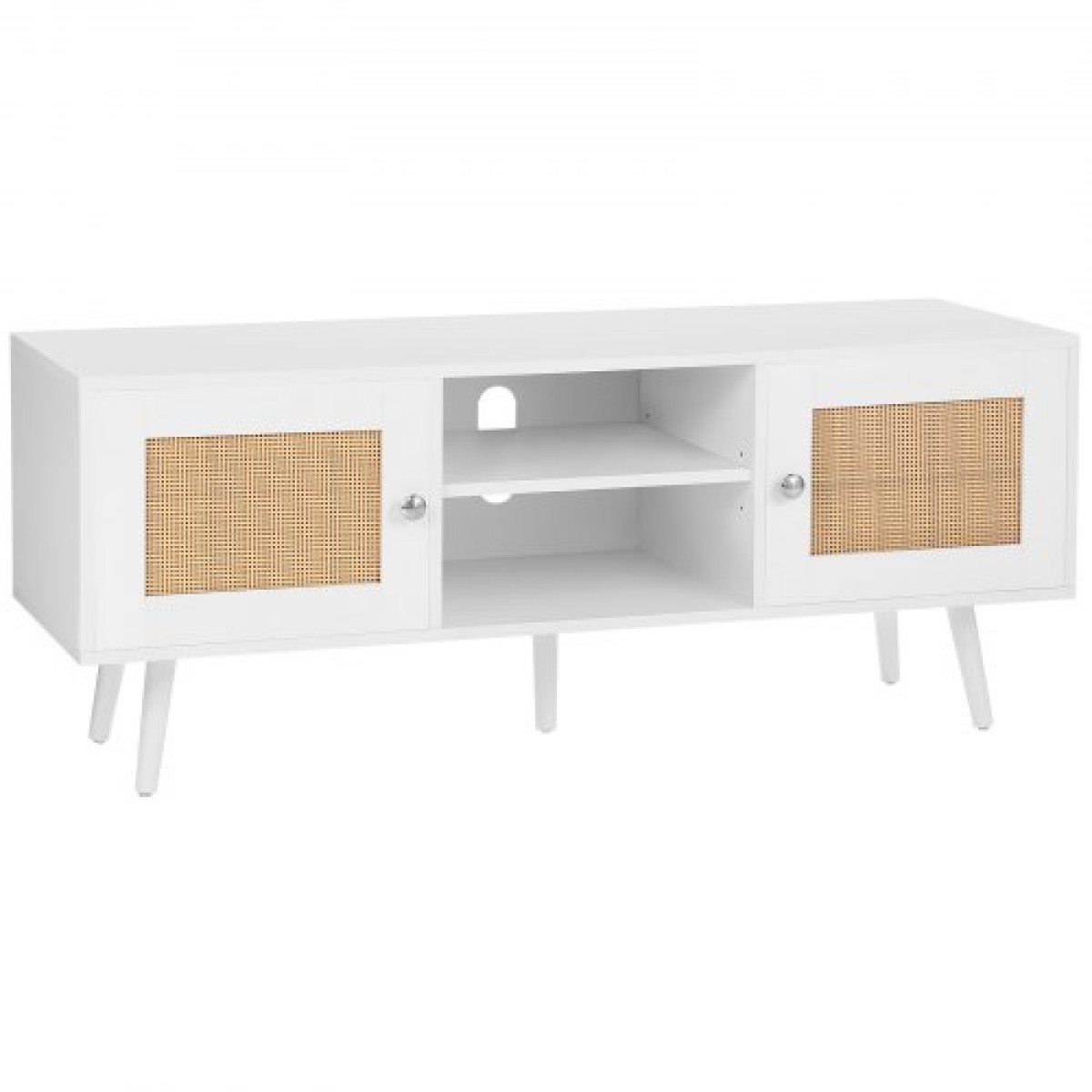 Βάση τηλεόρασης VEVOR Rattan, Ντουλάπι τηλεόρασης Boho για τηλεόραση 55 ιντσών, μοντέρνα βάση τηλεόρασης Mid Century, Κονσόλα τηλεόρασης Rattan με ρυθμιζόμενα ράφια για το σαλόνι, Media Room, Λευκό