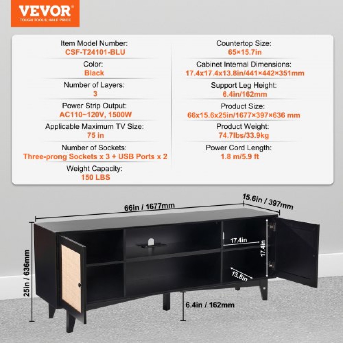 Βάση τηλεόρασης VEVOR Rattan για τηλεόραση 75 ιντσών, βάση τηλεόρασης Boho με πόρτα από μπαστούνι, κέντρο ψυχαγωγίας με ενσωματωμένη πρίζα, ντουλάπι αποθήκευσης με 2 ράφια, μοντέρνα κονσόλα τηλεόρασης για σαλόνι, αίθουσα πολυμέσων, μαύρο