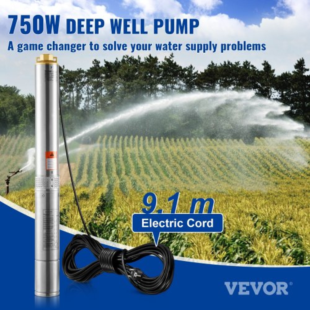 Υποβρύχια αντλία VEVOR Deep Well, 750W 230V 60Hz, 7,1 m³/h Μέγιστη ροή 75 m Max Head, με ηλεκτρικό καλώδιο 9,1 m, Αντλία νερού από ανοξείδωτο χάλυβα για βιομηχανική, άρδευση και οικιακή χρήση, IP68 αδιάβροχο βαθμό