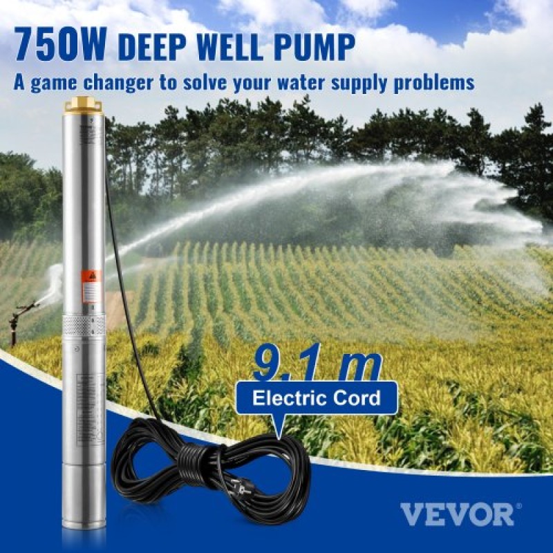 Υποβρύχια αντλία VEVOR Deep Well, 750W 230V 60Hz, 7,1 m³/h Μέγιστη ροή 75 m Max Head, με ηλεκτρικό καλώδιο 9,1 m, Αντλία νερού από ανοξείδωτο χάλυβα για βιομηχανική, άρδευση και οικιακή χρήση, IP68 αδιάβροχο βαθμό