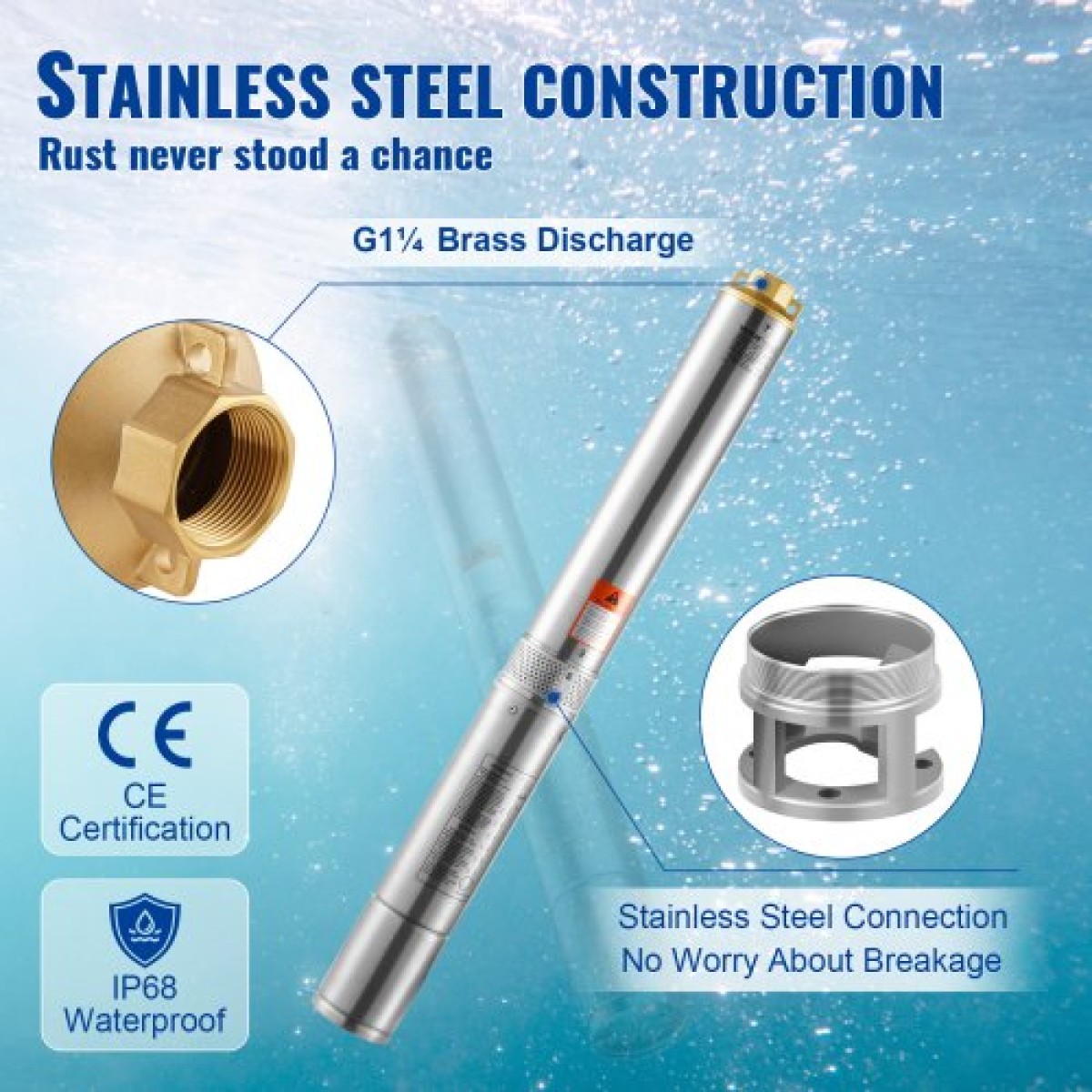 Υποβρύχια αντλία VEVOR Deep Well, 750W 230V 60Hz, 7,1 m³/h Μέγιστη ροή 75 m Max Head, με ηλεκτρικό καλώδιο 9,1 m, Αντλία νερού από ανοξείδωτο χάλυβα για βιομηχανική, άρδευση και οικιακή χρήση, IP68 αδιάβροχο βαθμό