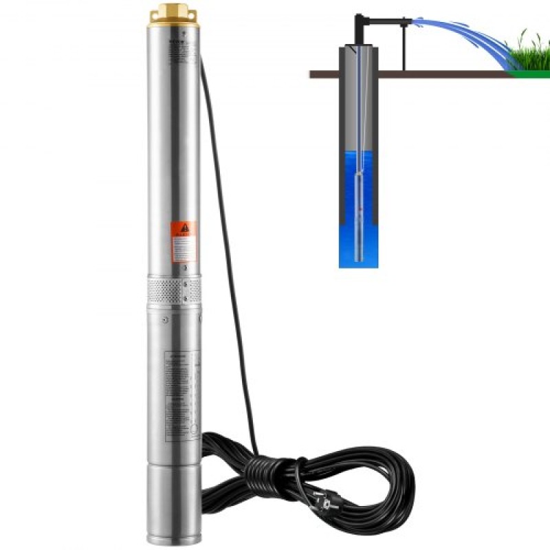 Υποβρύχια αντλία VEVOR Deep Well, 750W 230V 60Hz, 7,1 m³/h Μέγιστη ροή 75 m Max Head, με ηλεκτρικό καλώδιο 9,1 m, Αντλία νερού από ανοξείδωτο χάλυβα για βιομηχανική, άρδευση και οικιακή χρήση, IP68 αδιάβροχο βαθμό