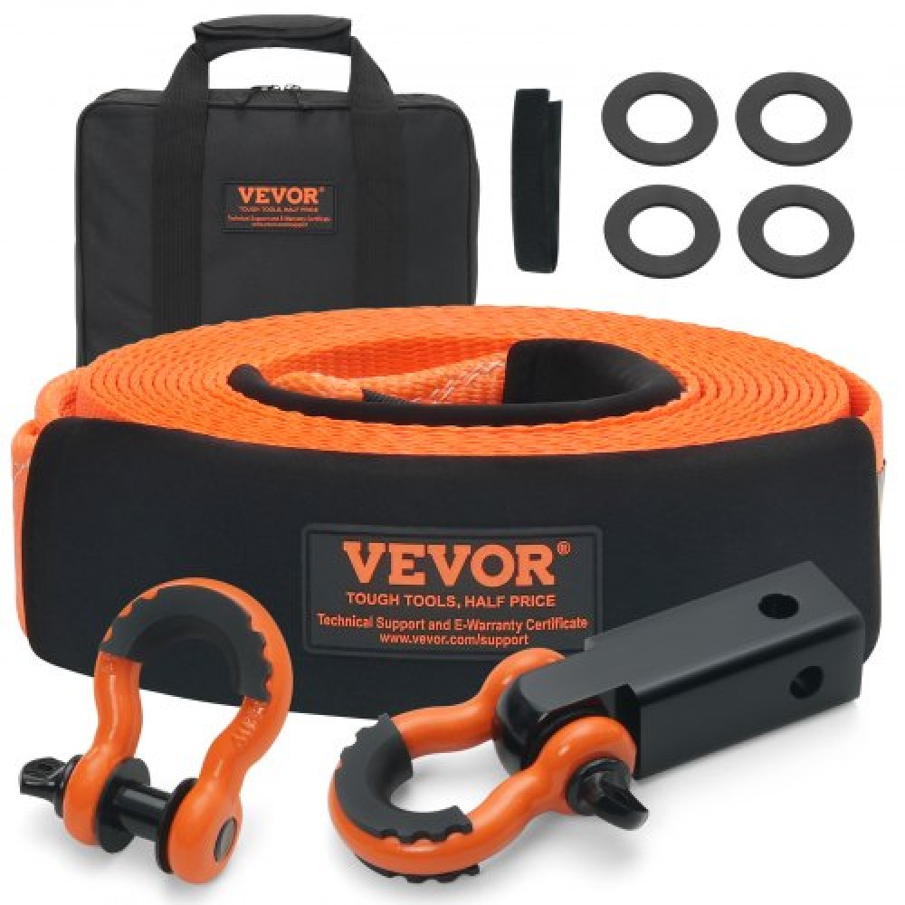 VEVOR Polyester Heavy Duty Strap Recovery Kit 3" x 30 ft/7,6 cm x 9,1 m (MBS-36.000 lbs/16.329 kg) Λουράκι βαρούλκου, Τριπλός ενισχυμένος βρόχος, ιμάντας αρπαγής + 2" (5,1 cm) δεσμός λαβής 4 + 1 εκ.Αλυσίδες (2 ΤΕΜ) + Τσάντα αποθήκευσης