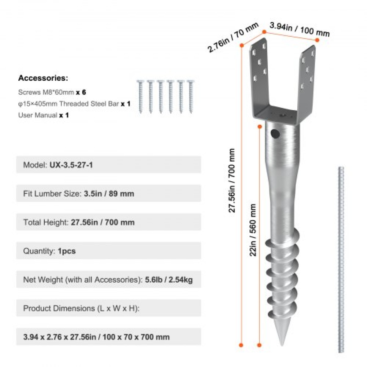VEVOR No Dig Ground Anchor, 1 Pack 3,94 x 2,76 x 27,56 in DIY Screw in Post Stake, Περιλαμβάνει 6 Lag Bots & Rebar, U-Shape Heavy Duty Steel Stand, Ιδανική για στύλους γραμματοκιβωτίου και στύλους φράχτη