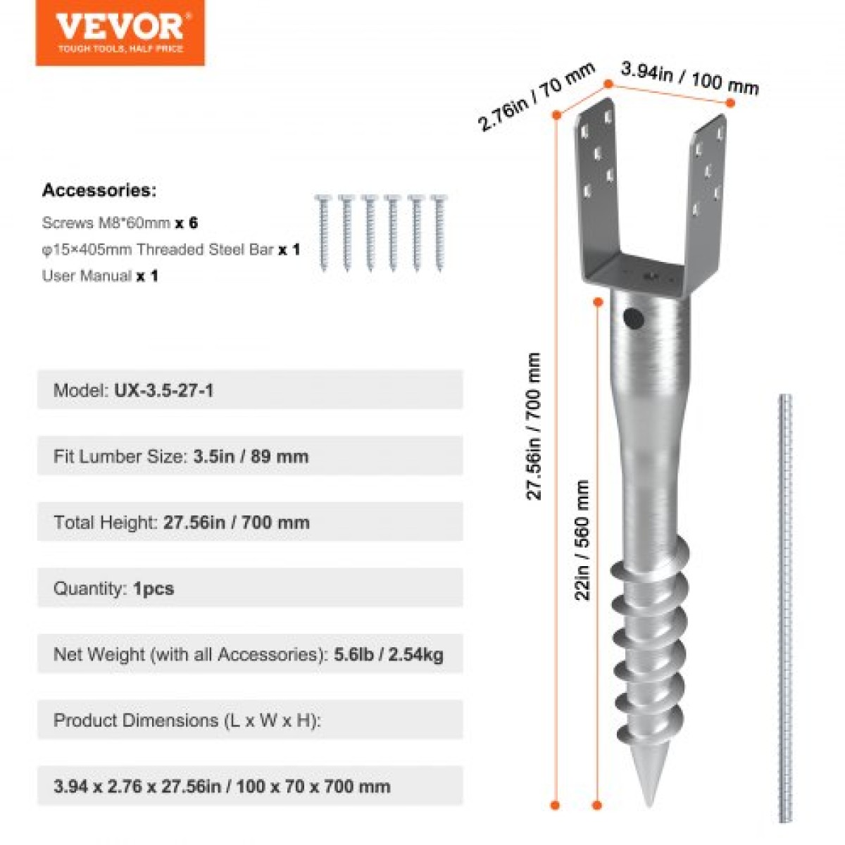 VEVOR No Dig Ground Anchor, 1 Pack 3,94 x 2,76 x 27,56 in DIY Screw in Post Stake, Περιλαμβάνει 6 Lag Bots & Rebar, U-Shape Heavy Duty Steel Stand, Ιδανική για στύλους γραμματοκιβωτίου και στύλους φράχτη