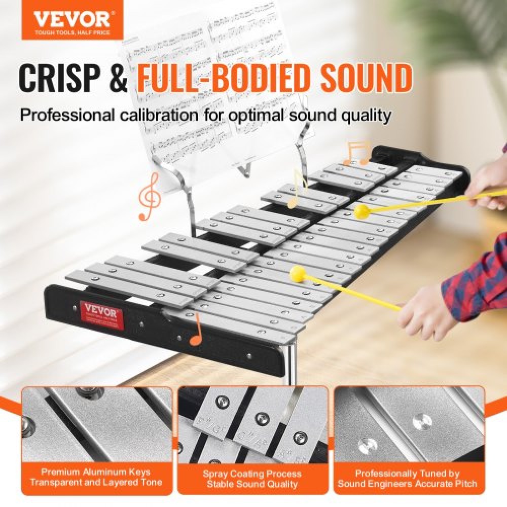 VEVOR 32 Note Glockenspiel Κιτ κουδουνιών ξυλόφωνου, επαγγελματικό σετ οργάνων κρουστών με σφύλες, ξυλάκια τυμπάνων, βάση μουσικής, 203 mm / 8" Μαξιλάρι εξάσκησης, ρυθμιζόμενη βάση και τσάντα μεταφοράς για μαθητές και ενήλικες