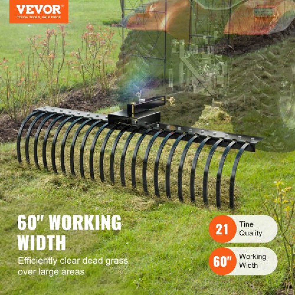 VEVOR Tow Behind Rake, 60" Tow Dethatcher με 21 Steel Coil Tines, Lawn Dethatcher Rake προσαρμόζεται σε γραμμές εργαλείων 48" ή 60" και συστήματα ανάρτησης 3 σημείων, για φύλλα, πευκοβελόνες και γρασίδι