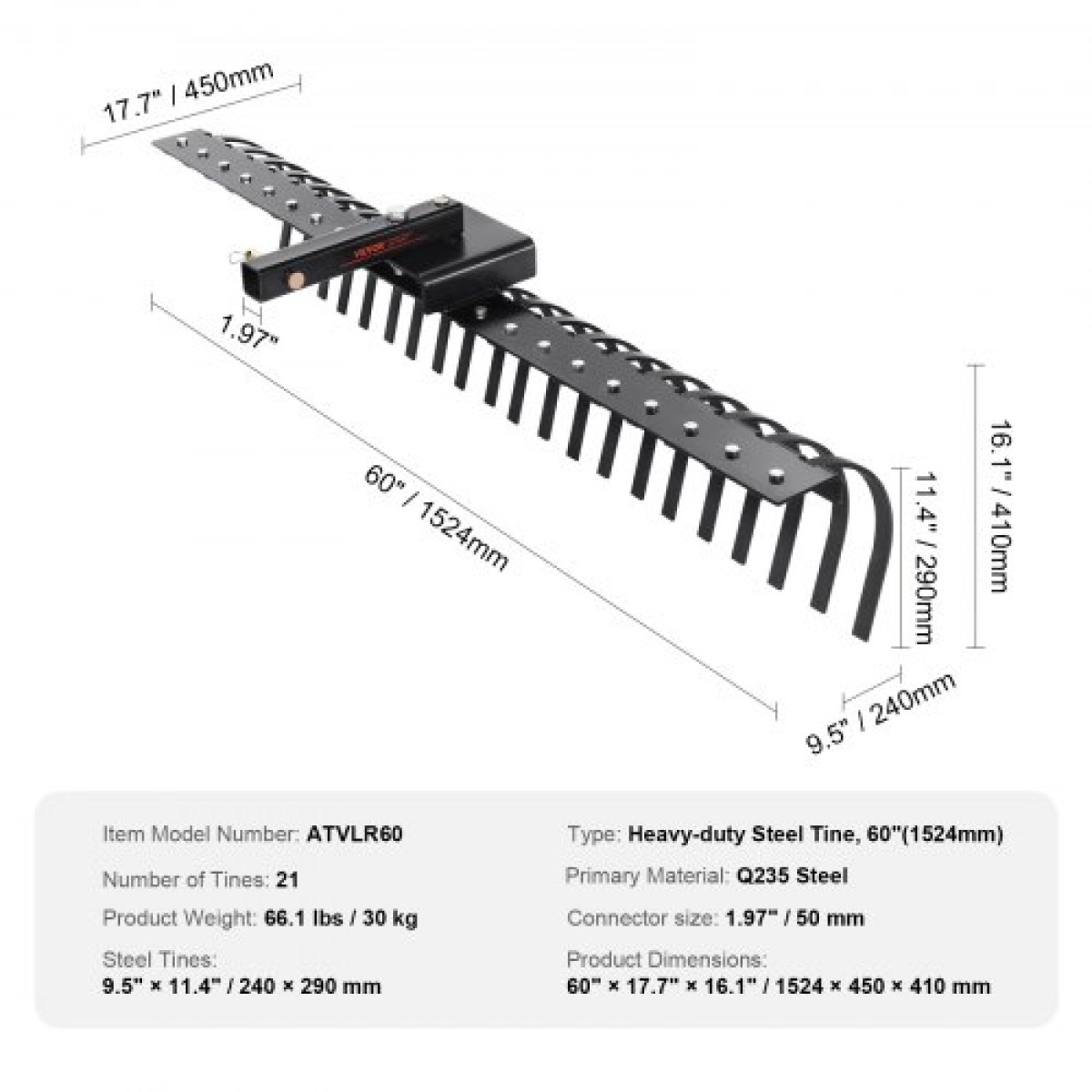 VEVOR Tow Behind Rake, 60" Tow Dethatcher με 21 Steel Coil Tines, Lawn Dethatcher Rake προσαρμόζεται σε γραμμές εργαλείων 48" ή 60" και συστήματα ανάρτησης 3 σημείων, για φύλλα, πευκοβελόνες και γρασίδι
