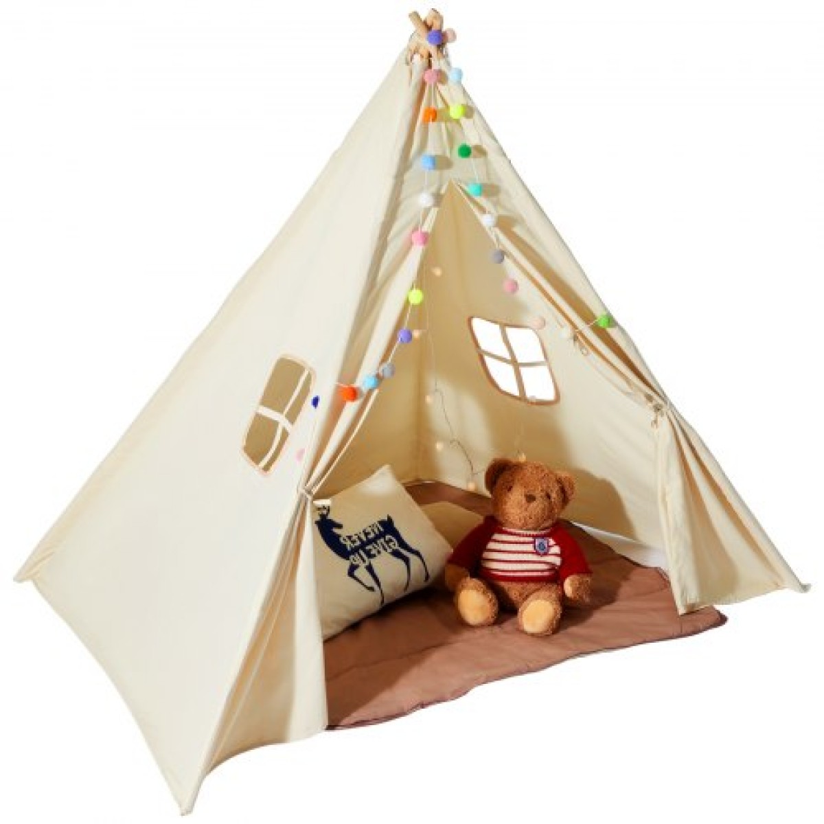 VEVOR Παιδική σκηνή παιχνιδιού, σκηνή Teepee για παιδιά 1-5 ετών, σκηνή για νήπια με ματ και βελούδινες διακοσμητικές μπάλες, σκηνή για παιδιά με παράθυρα για εσωτερικούς και εξωτερικούς χώρους, για αγόρια και κορίτσια, μπεζ