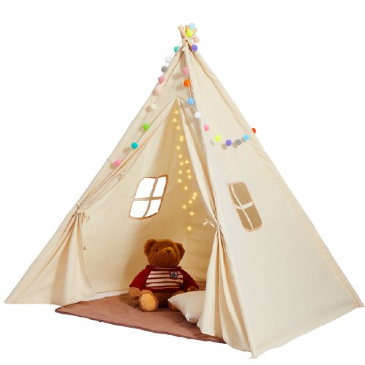 VEVOR Παιδική σκηνή παιχνιδιού, σκηνή Teepee για παιδιά 1-5 ετών, σκηνή για νήπια με ματ και βελούδινες διακοσμητικές μπάλες, σκηνή για παιδιά με παράθυρα για εσωτερικούς και εξωτερικούς χώρους, για αγόρια και κορίτσια, μπεζ