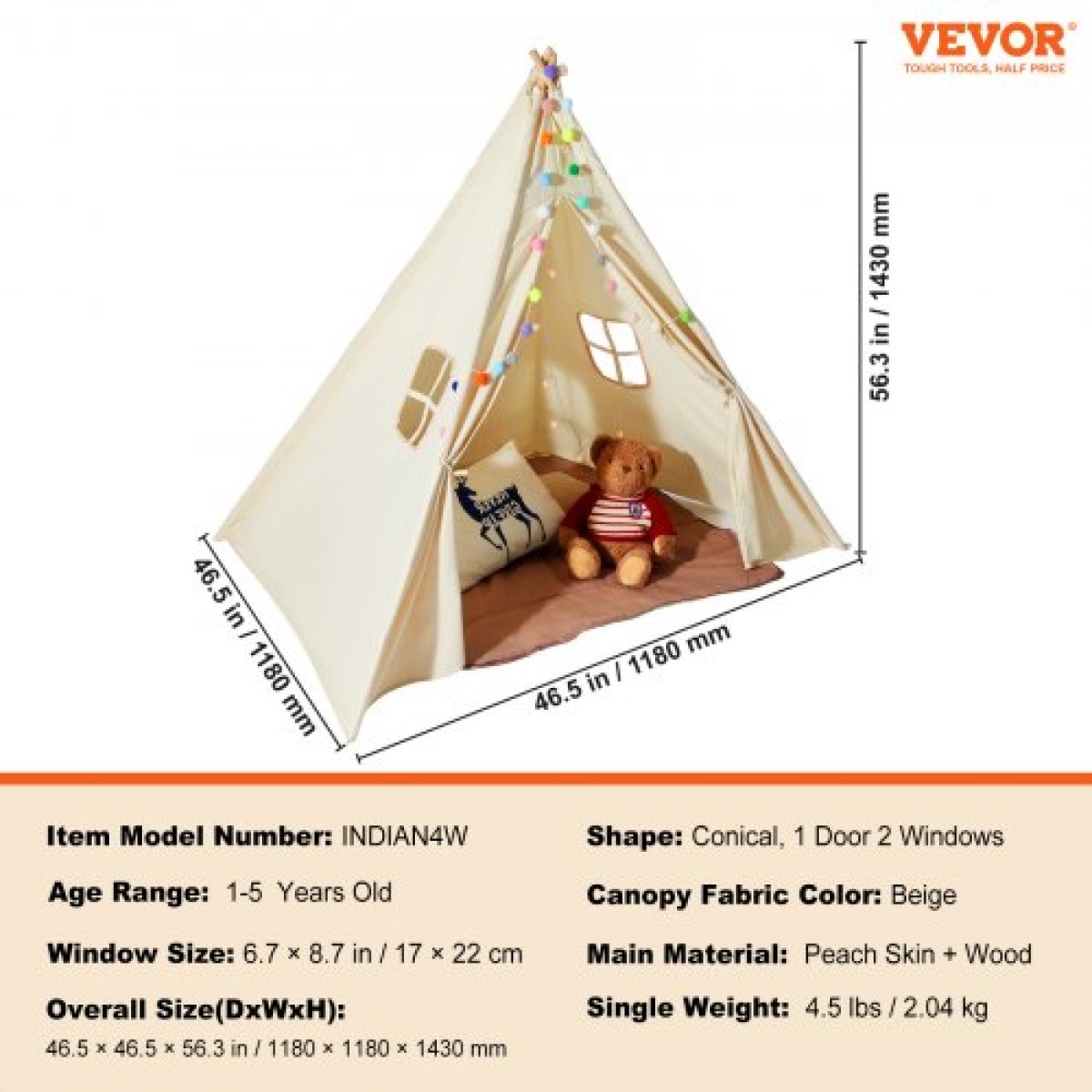 VEVOR Παιδική σκηνή παιχνιδιού, σκηνή Teepee για παιδιά 1-5 ετών, σκηνή για νήπια με ματ και βελούδινες διακοσμητικές μπάλες, σκηνή για παιδιά με παράθυρα για εσωτερικούς και εξωτερικούς χώρους, για αγόρια και κορίτσια, μπεζ