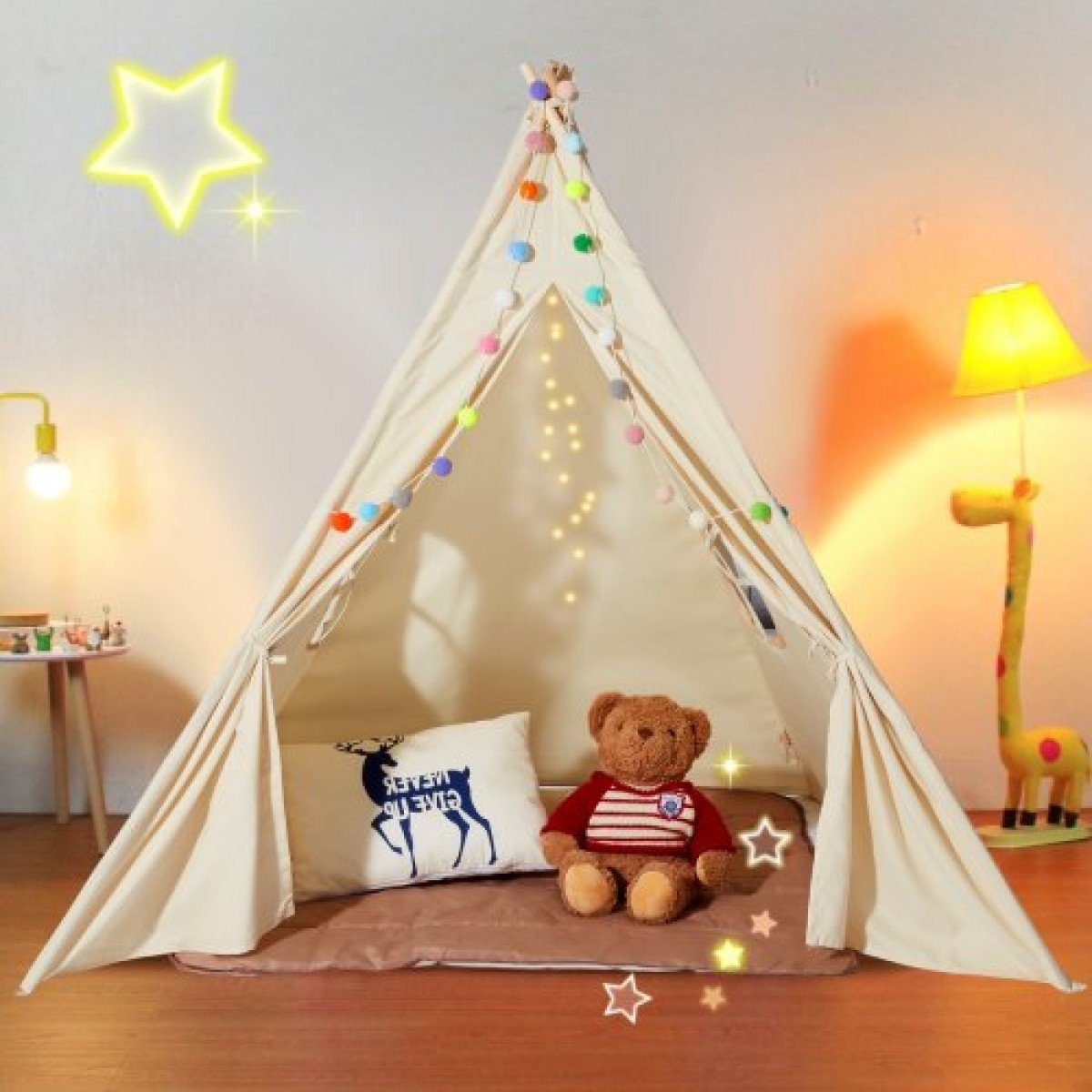 VEVOR Παιδική σκηνή παιχνιδιού, σκηνή Teepee για παιδιά 1-5 ετών, σκηνή για νήπια με ματ και βελούδινες διακοσμητικές μπάλες, σκηνή για παιδιά με παράθυρα για εσωτερικούς και εξωτερικούς χώρους, για αγόρια και κορίτσια, μπεζ