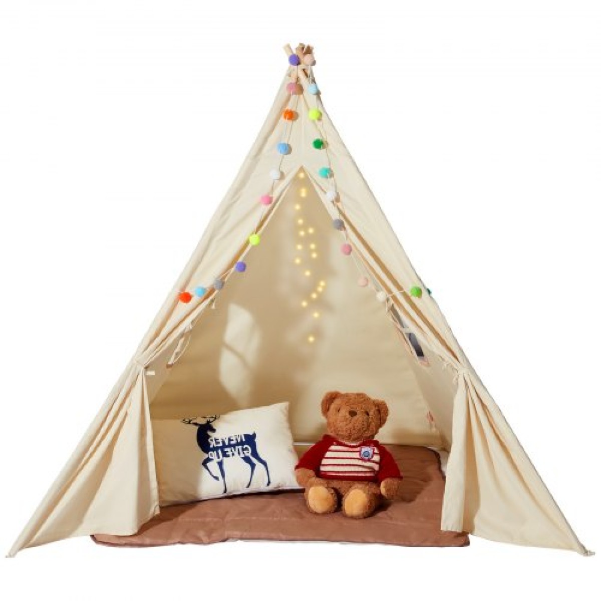 VEVOR Παιδική σκηνή παιχνιδιού, σκηνή Teepee για παιδιά 1-5 ετών, σκηνή για νήπια με ματ και βελούδινες διακοσμητικές μπάλες, σκηνή για παιδιά με παράθυρα για εσωτερικούς και εξωτερικούς χώρους, για αγόρια και κορίτσια, μπεζ