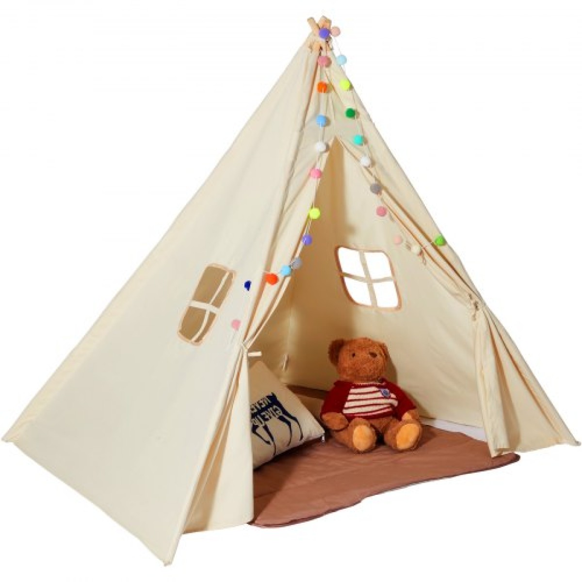 VEVOR Παιδική σκηνή παιχνιδιού, σκηνή Teepee για παιδιά 1-5 ετών, σκηνή για νήπια με ματ και βελούδινες διακοσμητικές μπάλες, σκηνή για παιδιά με παράθυρα για εσωτερικούς και εξωτερικούς χώρους, για αγόρια και κορίτσια, μπεζ