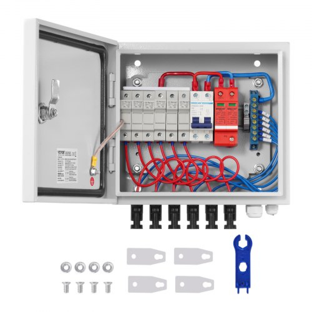 VEVOR PV Combiner Box, 6 String, Solar Combiner Box με ονομαστική ασφάλεια ρεύματος 10A 63A Αλεξικέραυνο διακόπτη και ηλιακό βύσμα, χαλύβδινη θήκη για on/off Grid σύστημα ηλιακών συλλεκτών, IP65
