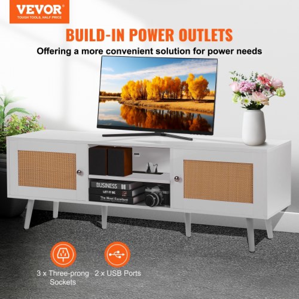 Βάση τηλεόρασης VEVOR Rattan για τηλεόραση 65 ιντσών, βάση τηλεόρασης Boho με πόρτα Rattan, Κέντρο ψυχαγωγίας με ενσωματωμένη υποδοχή και θύρες USB, Μοντέρνα κονσόλα τηλεόρασης για σαλόνι, αίθουσα πολυμέσων, λευκό