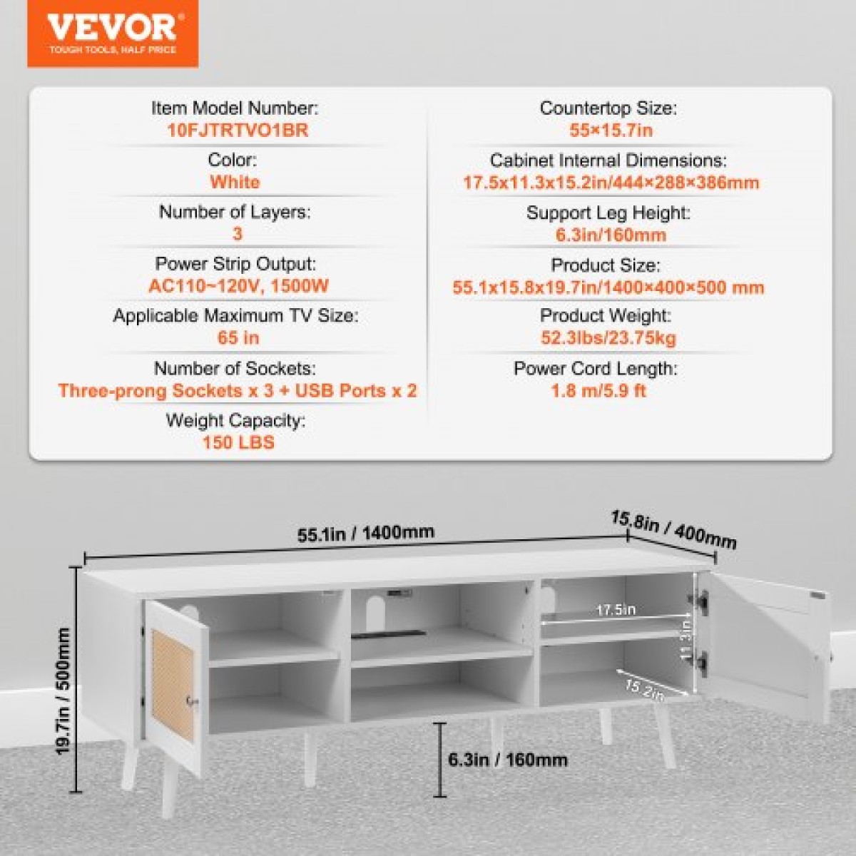 Βάση τηλεόρασης VEVOR Rattan για τηλεόραση 65 ιντσών, βάση τηλεόρασης Boho με πόρτα Rattan, Κέντρο ψυχαγωγίας με ενσωματωμένη υποδοχή και θύρες USB, Μοντέρνα κονσόλα τηλεόρασης για σαλόνι, αίθουσα πολυμέσων, λευκό
