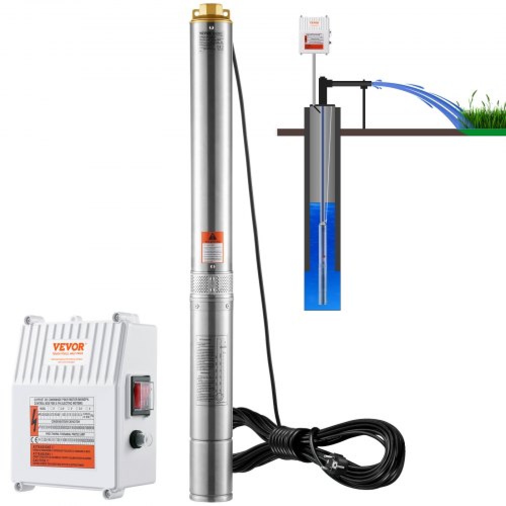 Υποβρύχια αντλία VEVOR Deep Well, 1500W 230V 60Hz, 9,8 m³/h 108 m Head, με καλώδιο 19,4 m & εξωτερικό κιβώτιο ελέγχου, Αντλίες νερού από ανοξείδωτο χάλυβα για βιομηχανική, άρδευση και οικιακή χρήση, IP68 αδιάβροχη