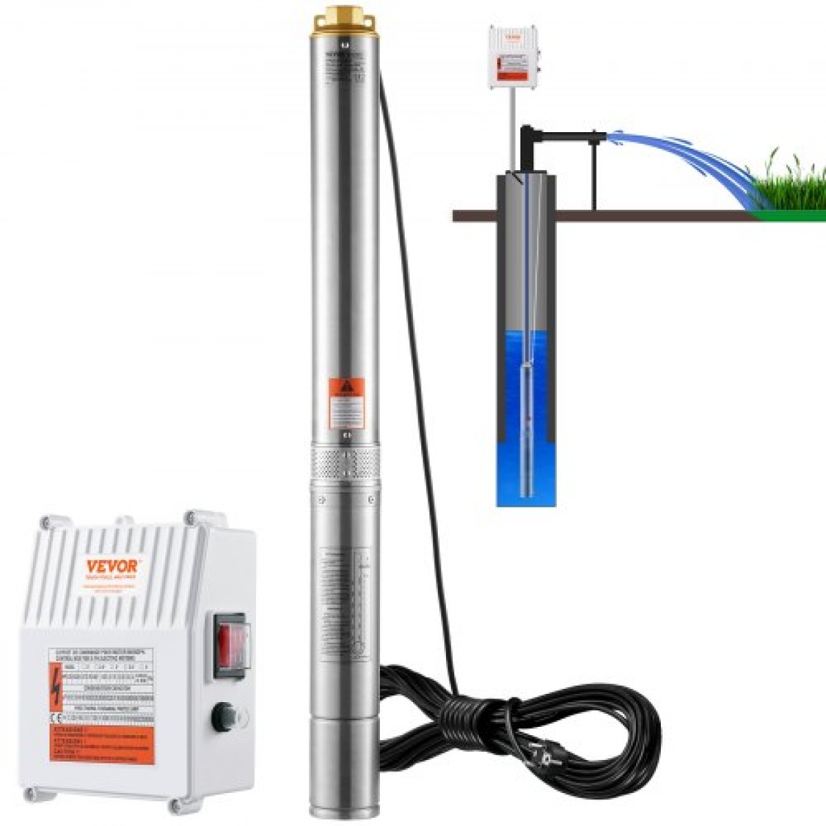Υποβρύχια αντλία VEVOR Deep Well, 1500W 230V 60Hz, 9,8 m³/h 108 m Head, με καλώδιο 19,4 m & εξωτερικό κιβώτιο ελέγχου, Αντλίες νερού από ανοξείδωτο χάλυβα για βιομηχανική, άρδευση και οικιακή χρήση, IP68 αδιάβροχη