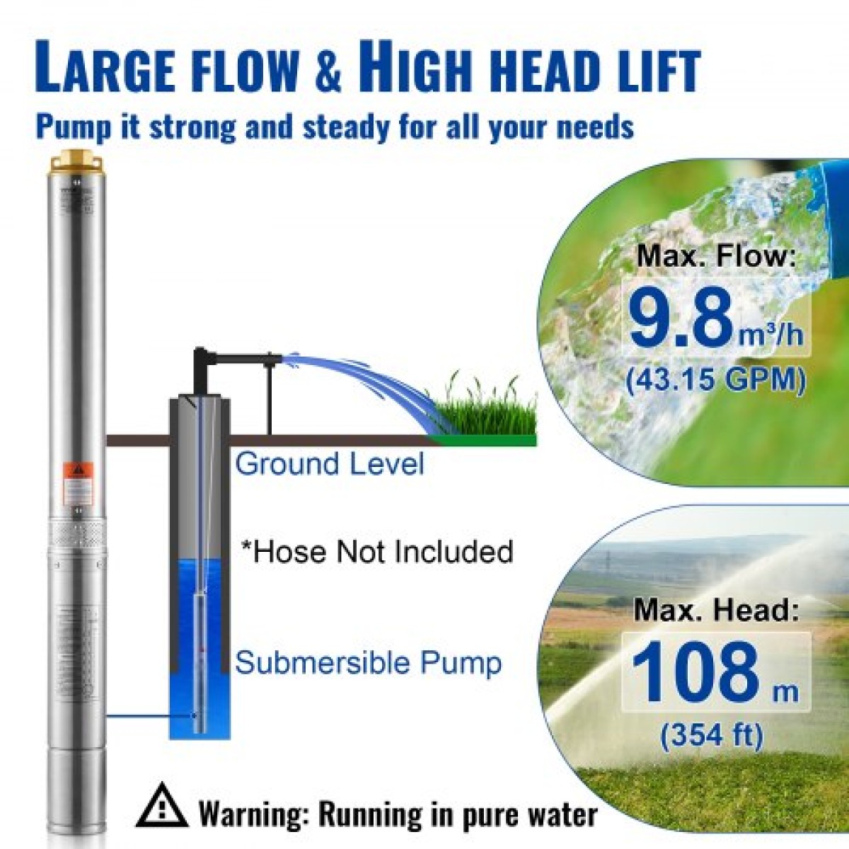 Υποβρύχια αντλία VEVOR Deep Well, 2HP/1500W 230V/50Hz, 9,8 m³/h Ροή 108 m Κεφαλή, με ηλεκτρικό καλώδιο 9,1 m, Αντλίες νερού από ανοξείδωτο χάλυβα για βιομηχανική, άρδευση και οικιακή χρήση, IP68 αδιάβροχο βαθμό