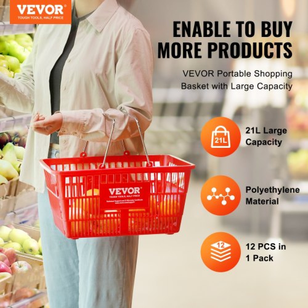 VEVOR Shopping Basket Grocery Basket 12PCS 21L with Iron Handle & Stand Red