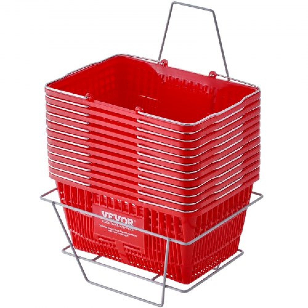 VEVOR Shopping Basket Grocery Basket 12PCS 21L with Iron Handle & Stand Red