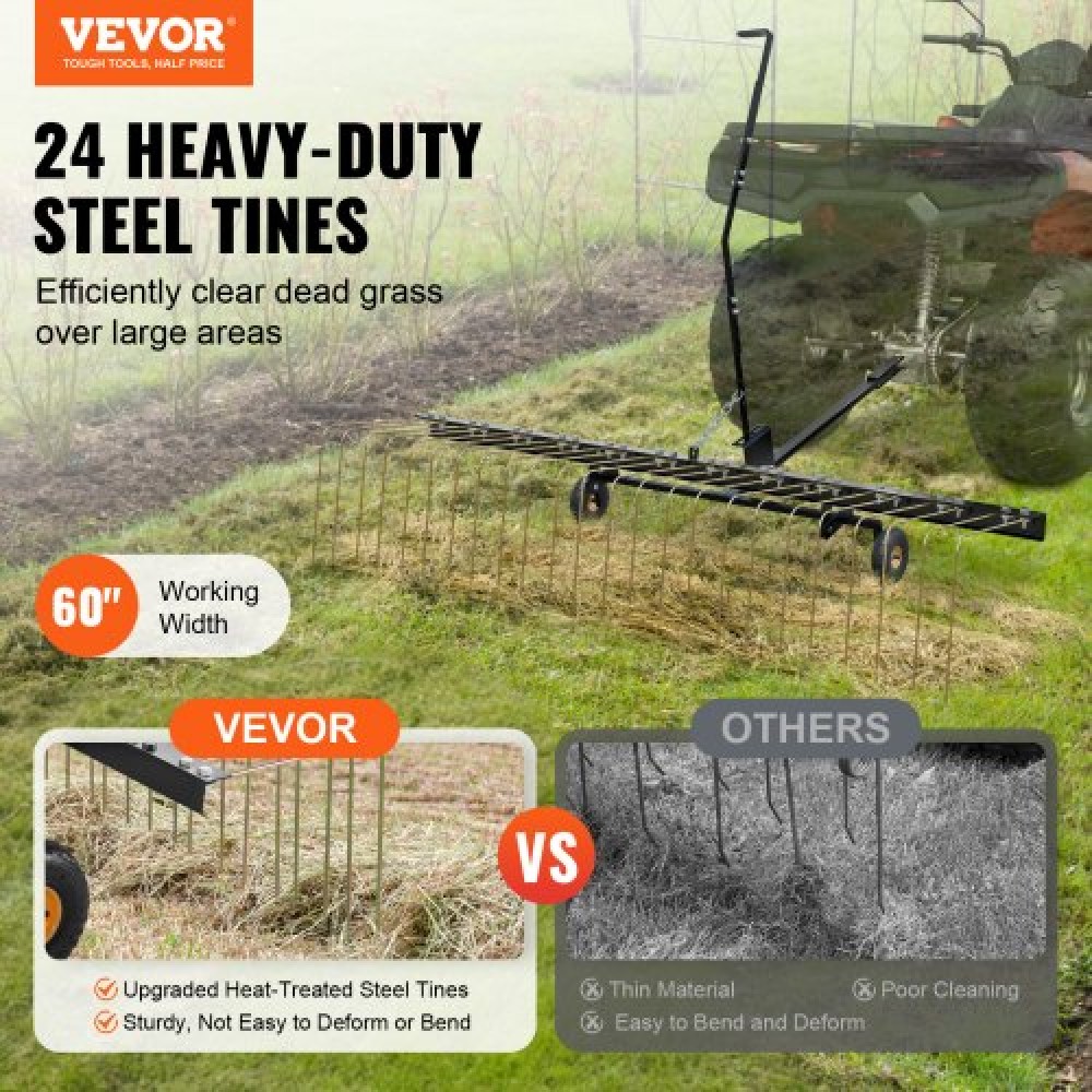 VEVOR Tow Behind Dethatcher, 60 ιντσών Row Dethatcher με 24 Steel Tines, Lawn Dethatcher Rake για ATV ή Mower, Tow Behind Lawn Rake με λαβή ανύψωσης για φύλλα, πευκοβελόνες και γρασίδι