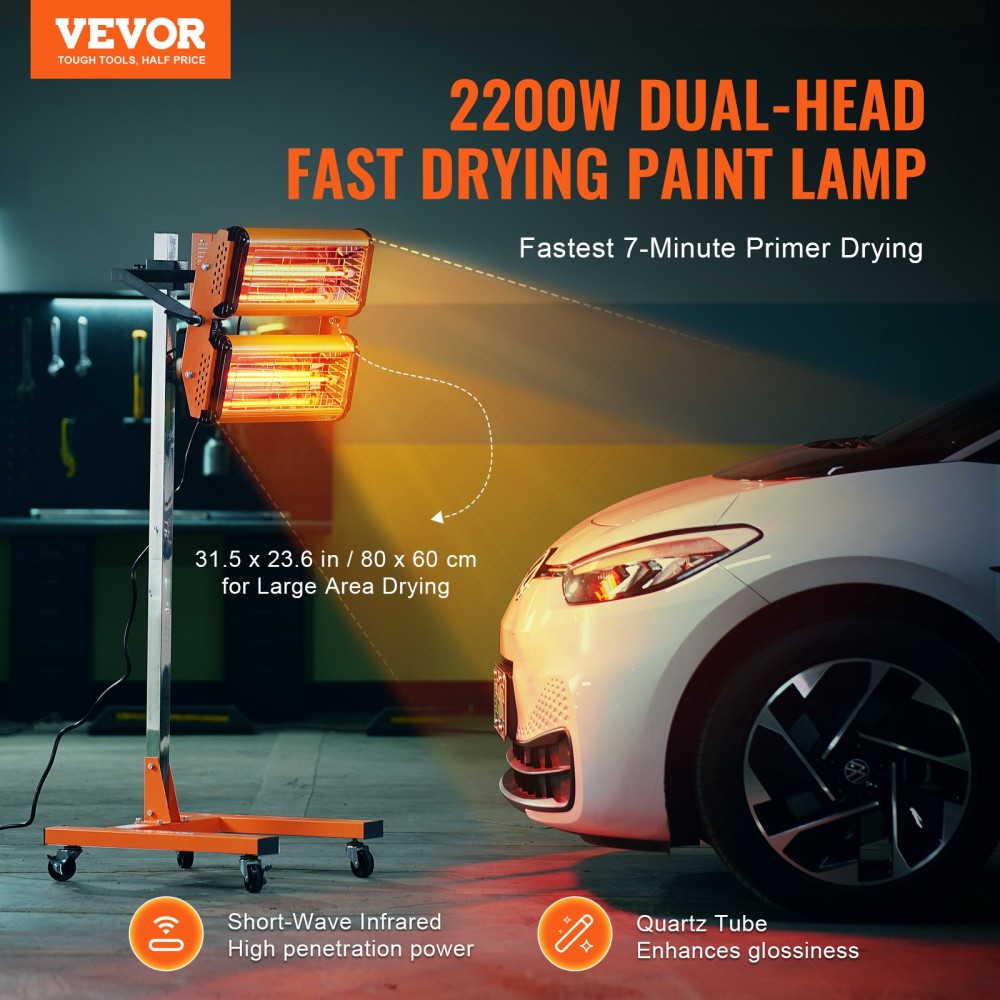 VEVOR Υπέρυθρη λάμπα πολυμερισμού, 2200W 1-60 λεπτά χρονισμός, Αυτόματη θέρμανση Φωτισμός πολυμερισμού αυτοκινήτου με βραχίονα, Θερμοσίφωνες ψεκασμού χώρου ψησίματος 5,17 τετραγωνικών μέτρων, Στεγνωτήρας βαφής για επιτόπια επισκευή, στέγνωμα κινητήρα
