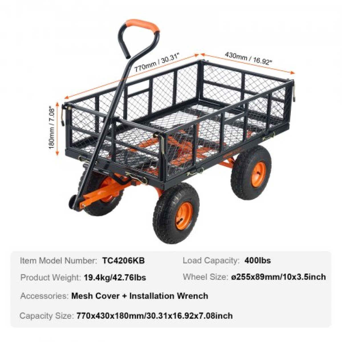 VEVOR Dump Cart, Metal Garden Dump Cart με εύκολο στη συναρμολόγηση πλαίσιο, Dump Wagon με 2-σε-1 Convertible Handle, Utility Wheelbarrow Χωρητικότητα 400 lbs, Ελαστικά 10 ιντσών