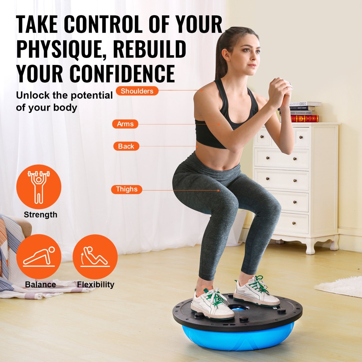 VEVOR Half Exercise Ball Trainer, 23 ιντσών Balance Ball Trainer, 660 lbs Capacity Stability Ball, Yoga Ball with Resistance Bands and Pump, Strength Fitness Ball for Home Gym, Full Body Workouts, Blue