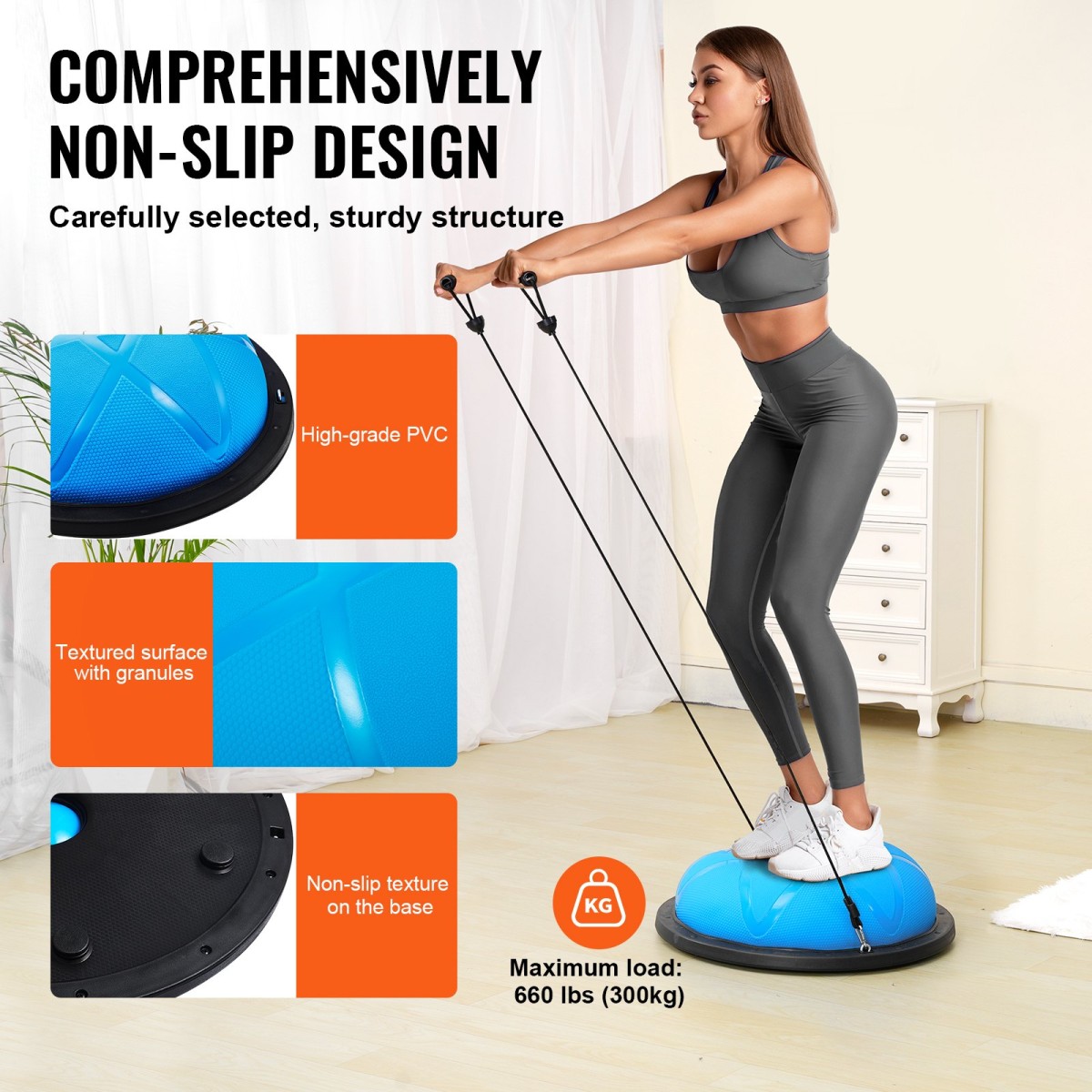 VEVOR Half Exercise Ball Trainer, 23 ιντσών Balance Ball Trainer, 660 lbs Capacity Stability Ball, Yoga Ball with Resistance Bands and Pump, Strength Fitness Ball for Home Gym, Full Body Workouts, Blue