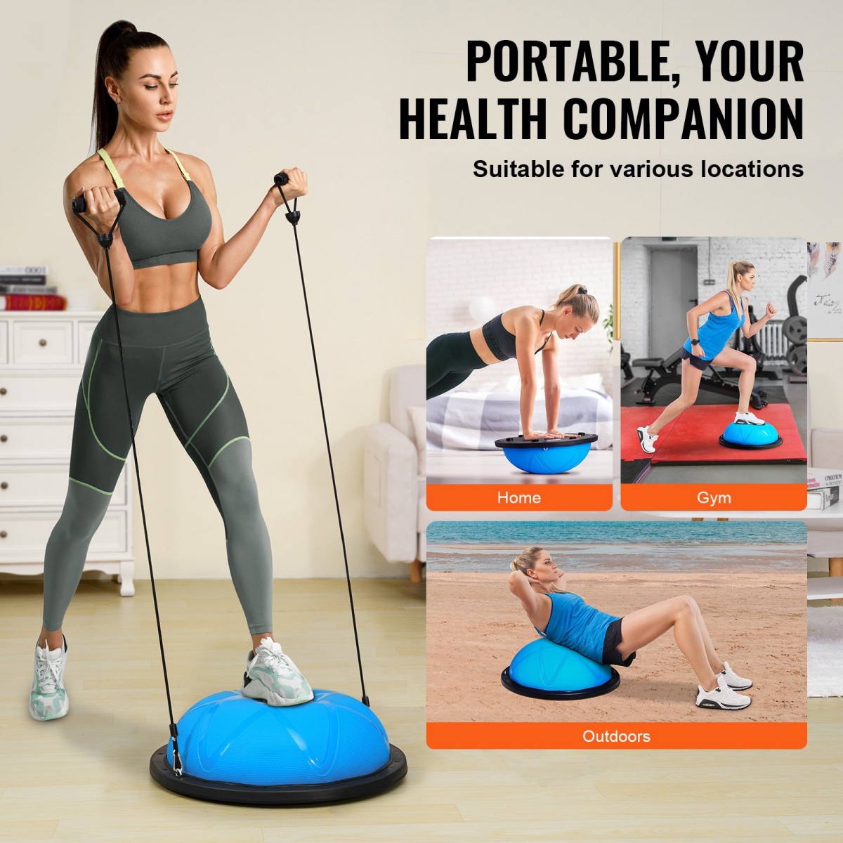 VEVOR Half Exercise Ball Trainer, 23 ιντσών Balance Ball Trainer, 660 lbs Capacity Stability Ball, Yoga Ball with Resistance Bands and Pump, Strength Fitness Ball for Home Gym, Full Body Workouts, Blue