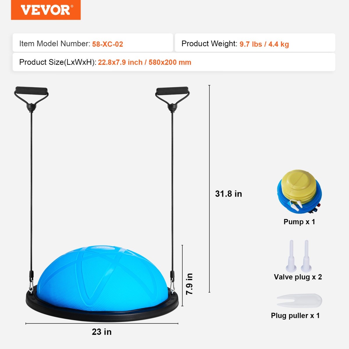VEVOR Half Exercise Ball Trainer, 23 ιντσών Balance Ball Trainer, 660 lbs Capacity Stability Ball, Yoga Ball with Resistance Bands and Pump, Strength Fitness Ball for Home Gym, Full Body Workouts, Blue