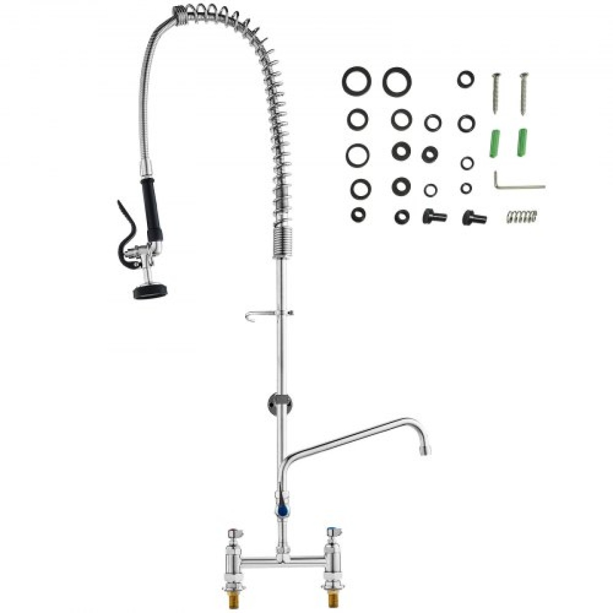 VEVOR Commercial Faucet with Pre-Rinse Sprayer, 44" Height, 8" Center, 12" Swing Spout, Deck Mount Kitchen Sink Faucet, Brass Constructed Device with Pull Down Spray, for 1/2/3 Compartment Sink