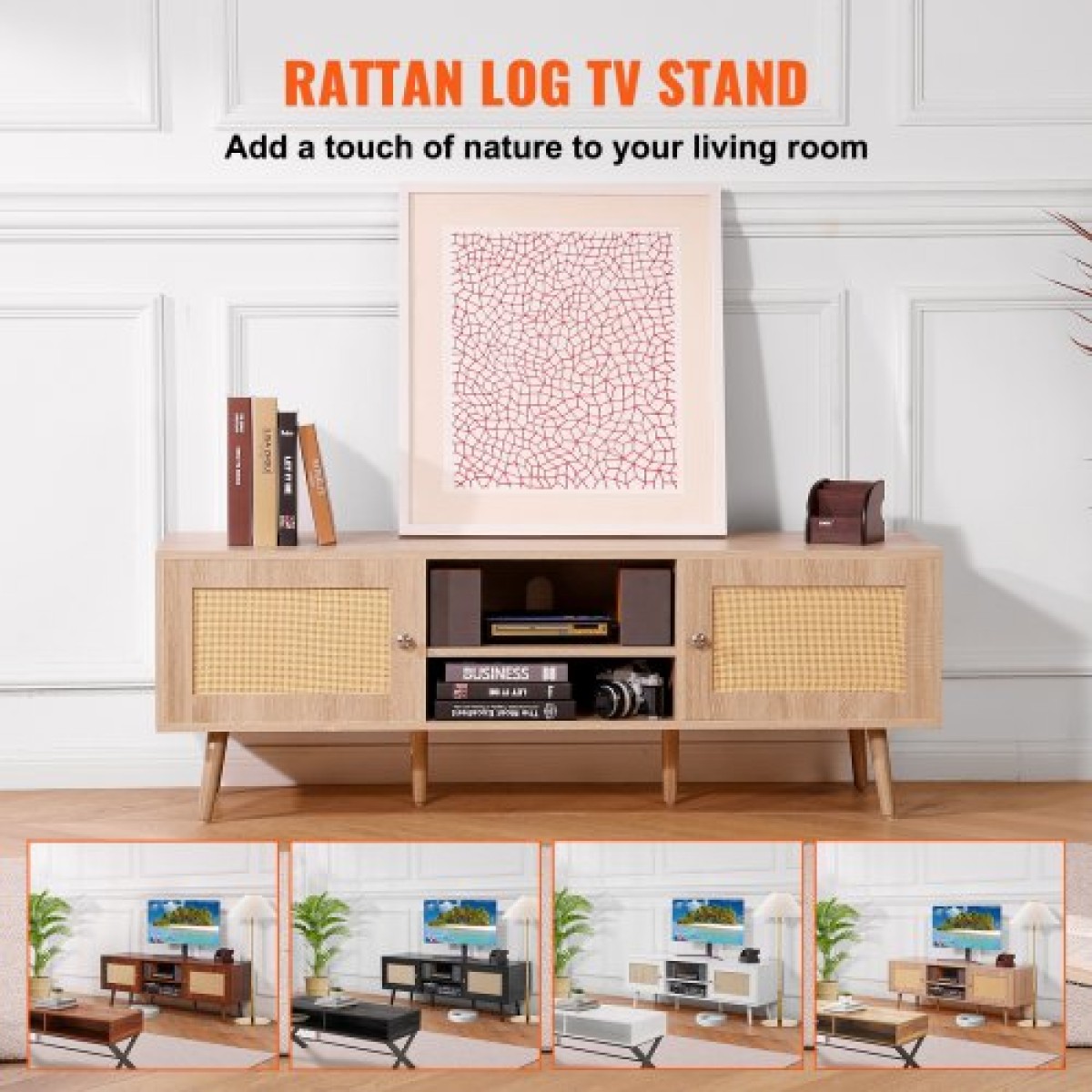 Βάση τηλεόρασης VEVOR Rattan για 65" (165,1 cm) Τηλεόραση Boho Βάση τηλεόρασης με ενσωματωμένη υποδοχή Oak