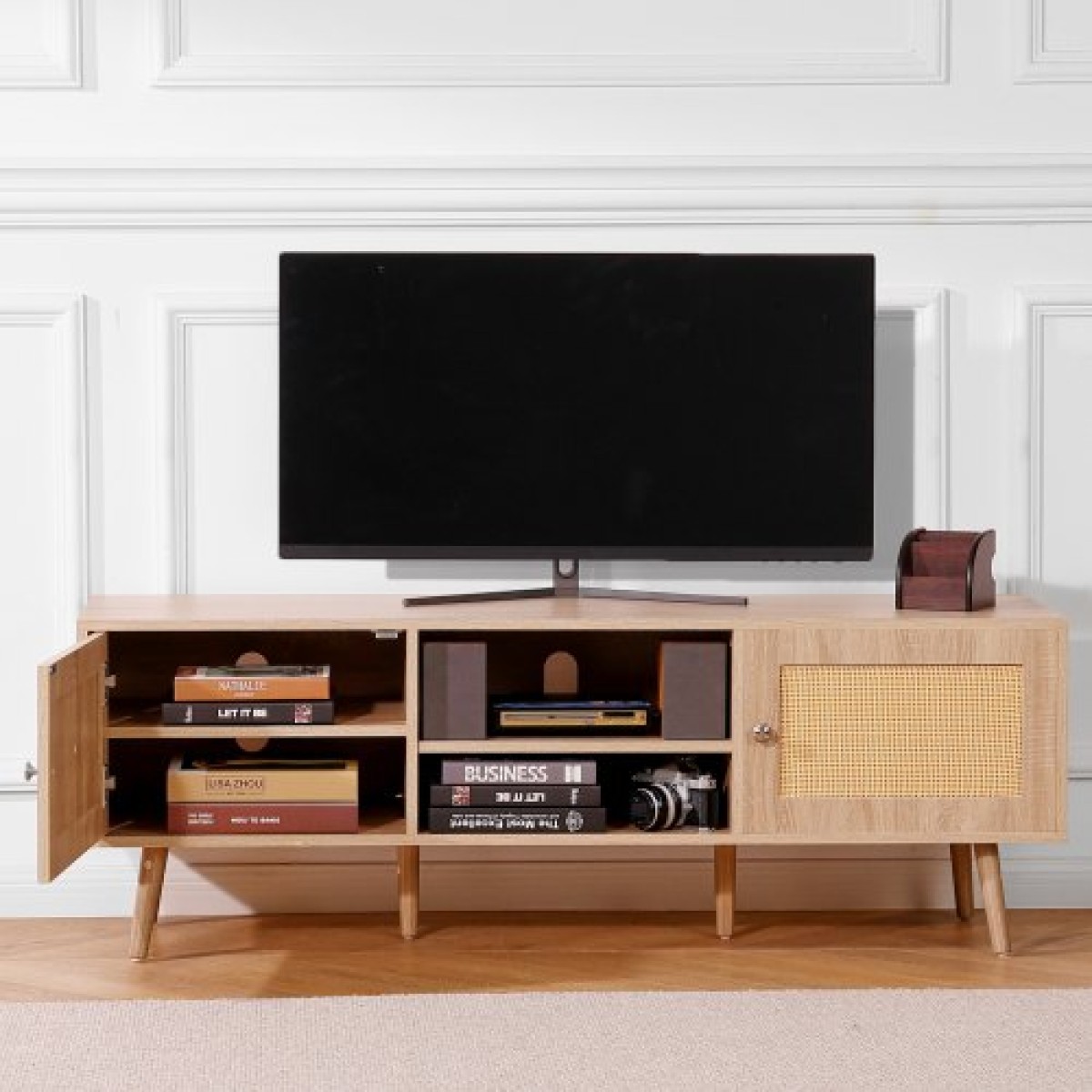 Βάση τηλεόρασης VEVOR Rattan για 65" (165,1 cm) Τηλεόραση Boho Βάση τηλεόρασης με ενσωματωμένη υποδοχή Oak