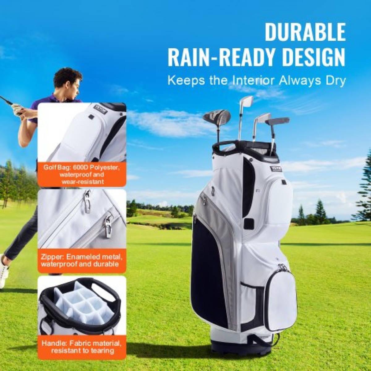 Τσάντα VEVOR Golf Cart with 14 Way Organizer Divider Top, Premium Nylon τσάντα 13 τσέπες, ανθεκτικές τσάντες γκολφ με λαβές & κάλυμμα σκόνης & αποσπώμενα λουριά για άνδρες και γυναίκες, λευκό χρώμα-μπλοκ