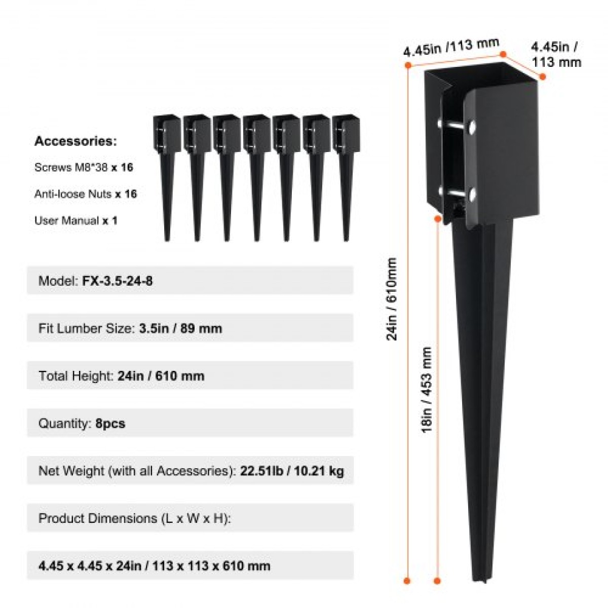 Ακίδα εδάφους άγκυρας VEVOR Fence Post, 8 Pack 24 x 4 x 4 ίντσες/61 x 10,2 x 10,2 cm Εξωτερική διάμετρος (εσωτερική διάμετρος 3,5 x 3,5 ίντσες/ 8,9 x 8,9 cm), μεταλλική μαύρη σκόνη με επίστρωση πάσσαλου, για κιγκλίδωμα κήπου