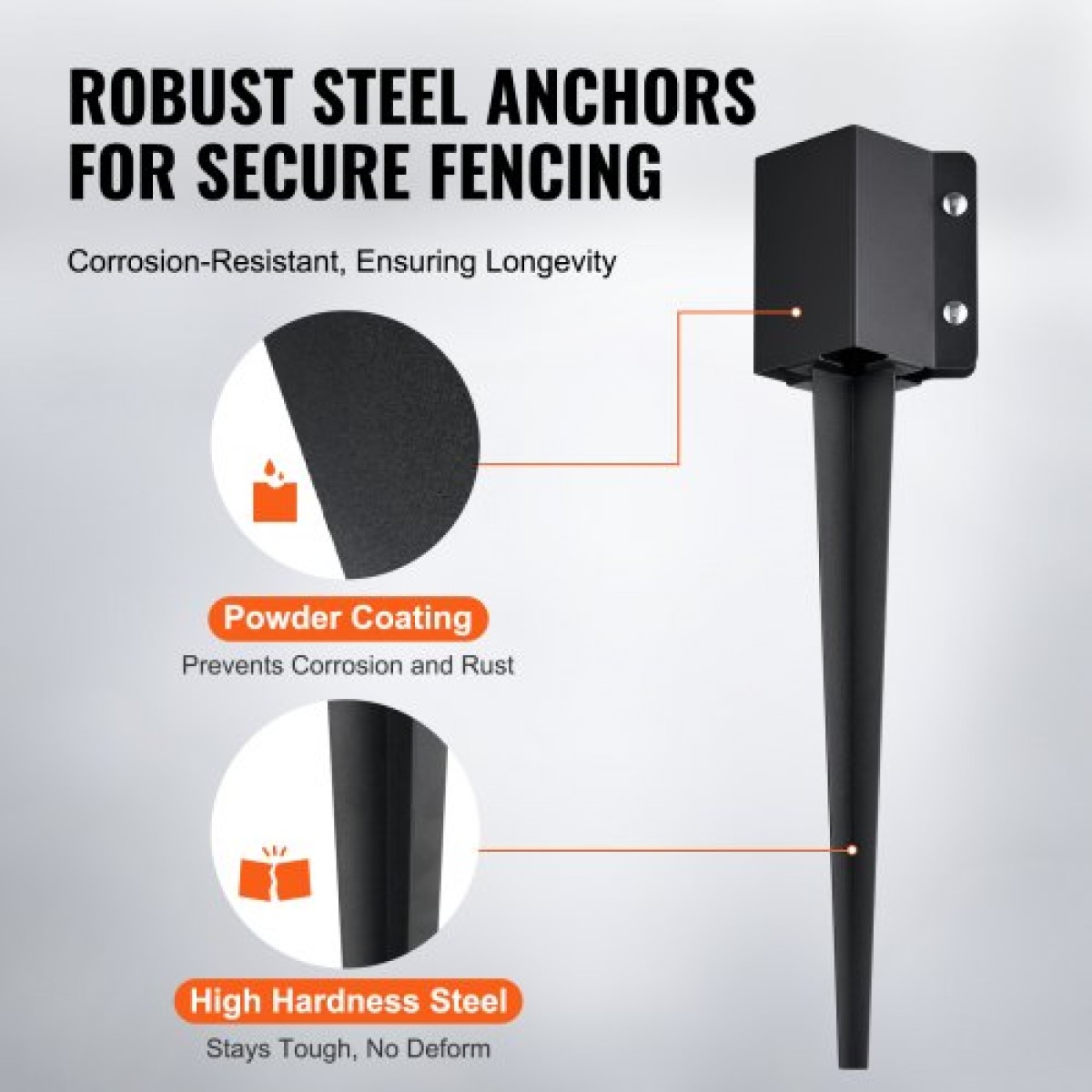 Ακίδα εδάφους άγκυρας VEVOR Fence Post, 8 Pack 24 x 4 x 4 ίντσες/61 x 10,2 x 10,2 cm Εξωτερική διάμετρος (εσωτερική διάμετρος 3,5 x 3,5 ίντσες/ 8,9 x 8,9 cm), μεταλλική μαύρη σκόνη με επίστρωση πάσσαλου, για κιγκλίδωμα κήπου