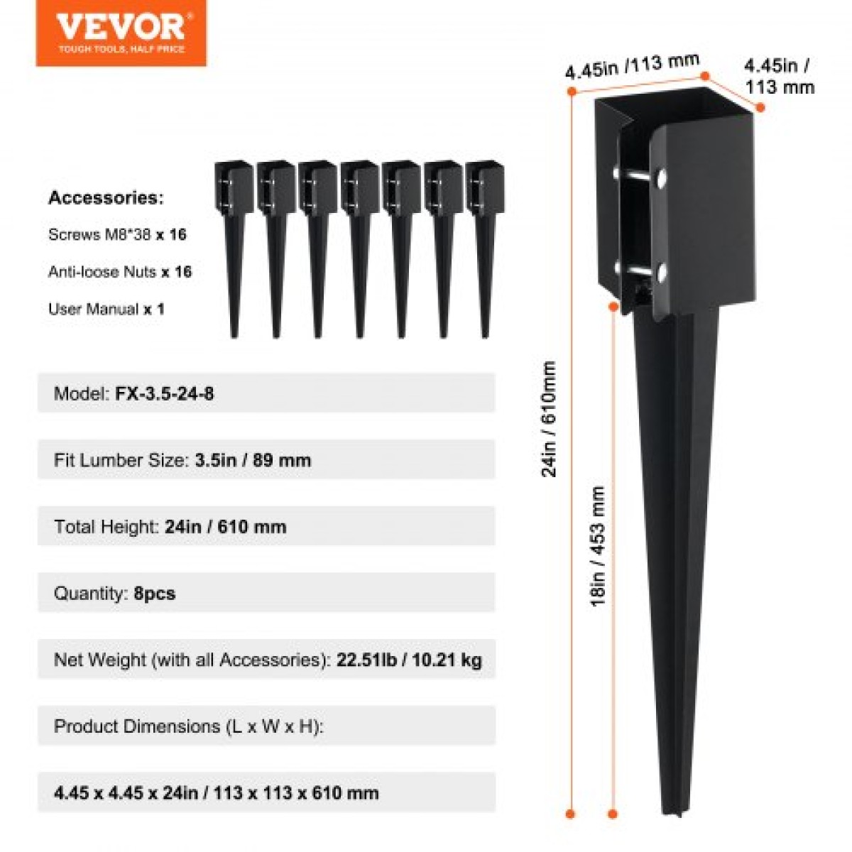Ακίδα εδάφους άγκυρας VEVOR Fence Post, 8 Pack 24 x 4 x 4 ίντσες/61 x 10,2 x 10,2 cm Εξωτερική διάμετρος (εσωτερική διάμετρος 3,5 x 3,5 ίντσες/ 8,9 x 8,9 cm), μεταλλική μαύρη σκόνη με επίστρωση πάσσαλου, για κιγκλίδωμα κήπου