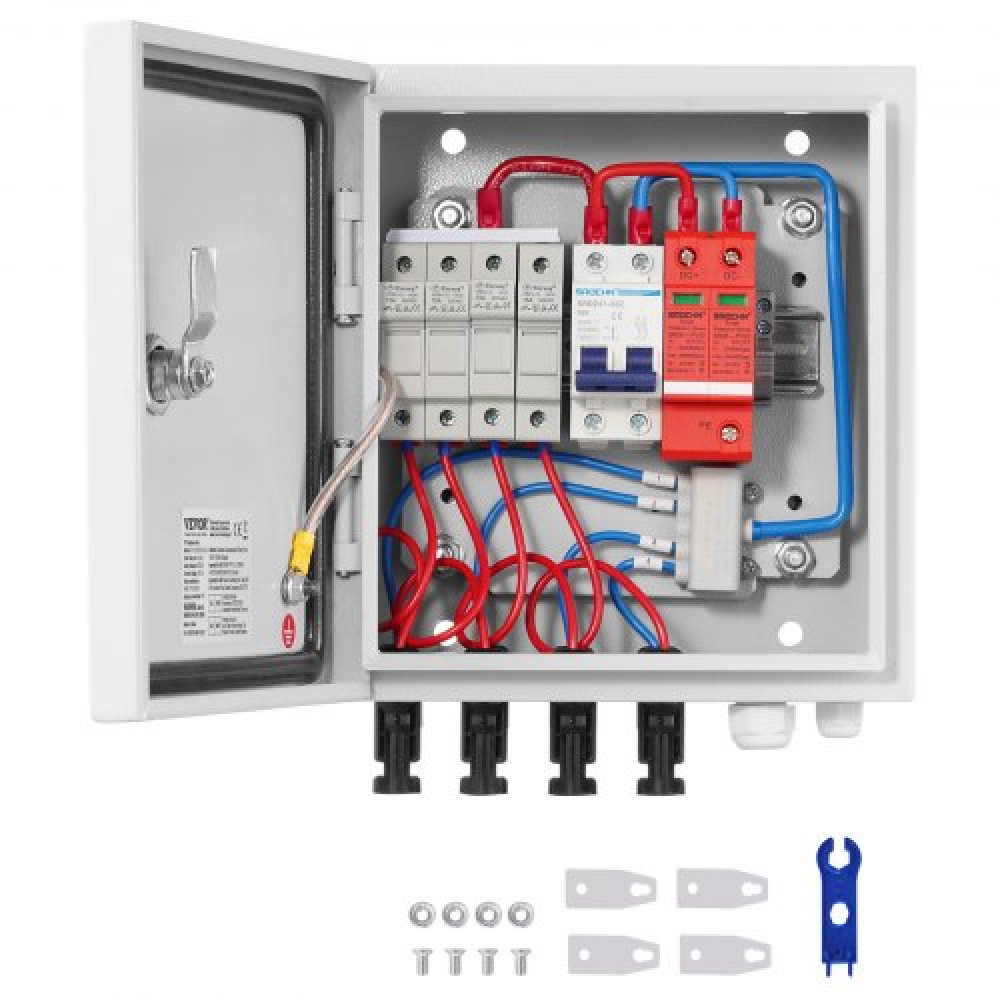 VEVOR PV Combiner Box, 4 String, Solar Combiner Box με ονομαστική ασφάλεια ρεύματος 15A 63A διακόπτης αλεξικέραυνου και ηλιακός συνδετήρας, χαλύβδινη θήκη για σύστημα ηλιακού πάνελ ενεργοποίησης / απενεργοποίησης δικτύου, IP65