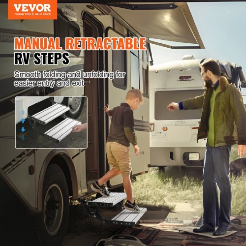 Σκαλοπάτια VEVOR RV, 2 βημάτων, Χειροκίνητα αναδιπλούμενα σκαλοπάτια RV, Αναδιπλούμενα, 440 LBS χωρητικότητα φορτίου, σκαλοπάτια από κράμα αλουμινίου, παχύρρευστη πλάκα χάλυβα, αντιολισθητικά σκαλοπάτια για ασφαλή είσοδο και έξοδο, RV, τρέιλερ, σκαλοπάτια