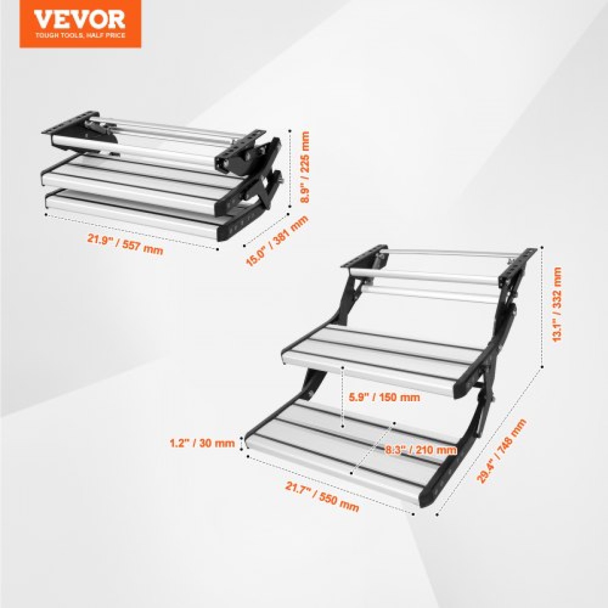 Σκαλοπάτια VEVOR RV, 2 βημάτων, Χειροκίνητα αναδιπλούμενα σκαλοπάτια RV, Αναδιπλούμενα, 440 LBS χωρητικότητα φορτίου, σκαλοπάτια από κράμα αλουμινίου, παχύρρευστη πλάκα χάλυβα, αντιολισθητικά σκαλοπάτια για ασφαλή είσοδο και έξοδο, RV, τρέιλερ, σκαλοπάτια
