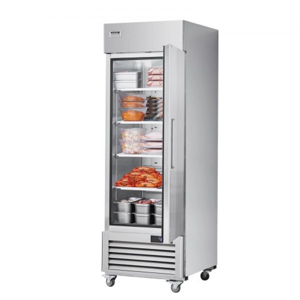 Επαγγελματικός καταψύκτης VEVOR 20,12 Cu.ft, Reach In όρθιος καταψύκτης μονή πόρτα, αυτόματη απόψυξη από ανοξείδωτο ατσάλι με 3 ρυθμιζόμενα ράφια, έλεγχος θερμοκρασίας από -13 έως 5℉ και 4 τροχούς