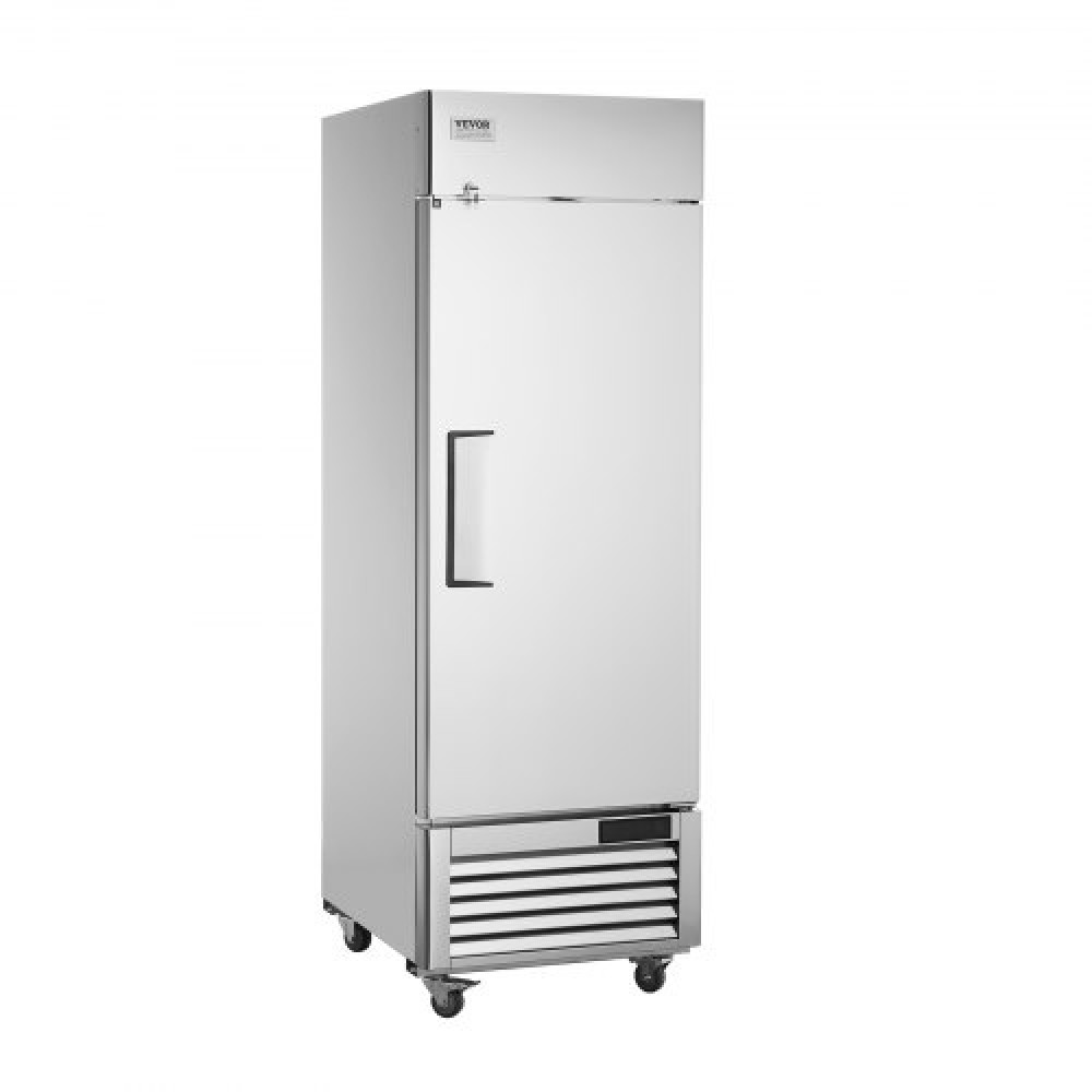 Επαγγελματικός καταψύκτης VEVOR 20,12 Cu.ft, Reach In όρθιος καταψύκτης μονή πόρτα, αυτόματη απόψυξη από ανοξείδωτο ατσάλι με 3 ρυθμιζόμενα ράφια, έλεγχος θερμοκρασίας από -13 έως 5℉ και 4 τροχούς
