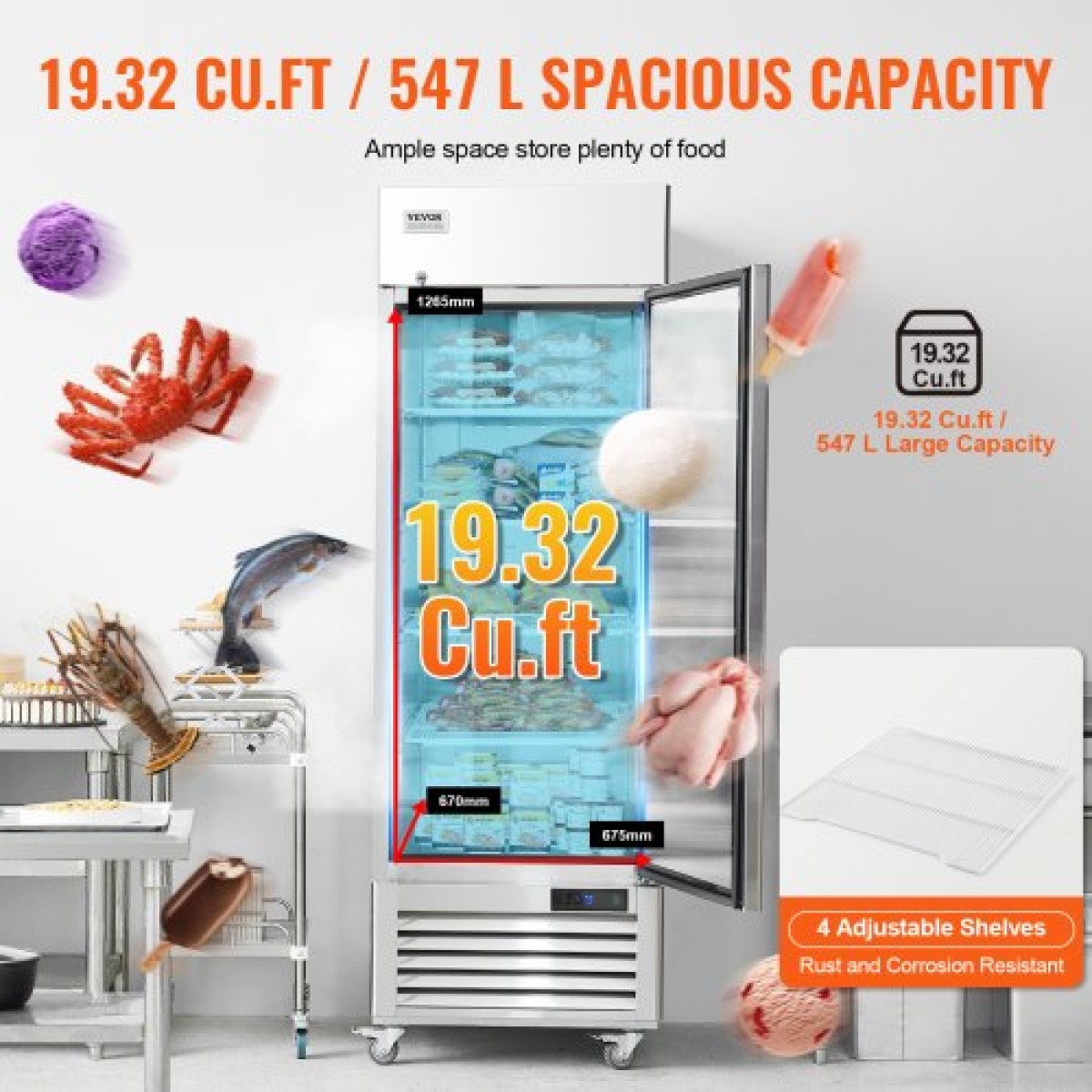 Επαγγελματικός καταψύκτης VEVOR 20,12 Cu.ft, Reach In όρθιος καταψύκτης μονή πόρτα, αυτόματη απόψυξη από ανοξείδωτο ατσάλι με 3 ρυθμιζόμενα ράφια, έλεγχος θερμοκρασίας από -13 έως 5℉ και 4 τροχούς
