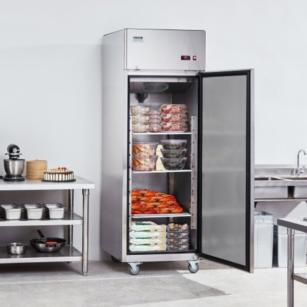 Επαγγελματικός καταψύκτης VEVOR 20,12 Cu.ft, Reach In όρθιος καταψύκτης μονή πόρτα, αυτόματη απόψυξη από ανοξείδωτο ατσάλι με 3 ρυθμιζόμενα ράφια, έλεγχος θερμοκρασίας από -13 έως 5℉ και 4 τροχούς