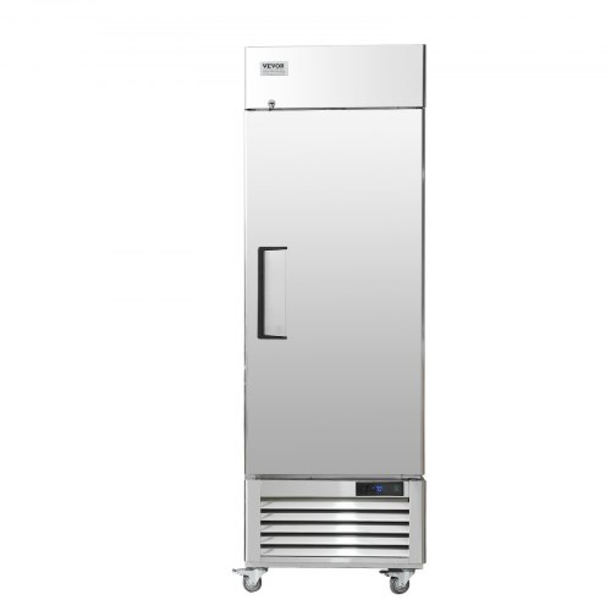 Επαγγελματικός καταψύκτης VEVOR 20,12 Cu.ft, Reach In όρθιος καταψύκτης μονή πόρτα, αυτόματη απόψυξη από ανοξείδωτο ατσάλι με 3 ρυθμιζόμενα ράφια, έλεγχος θερμοκρασίας από -13 έως 5℉ και 4 τροχούς