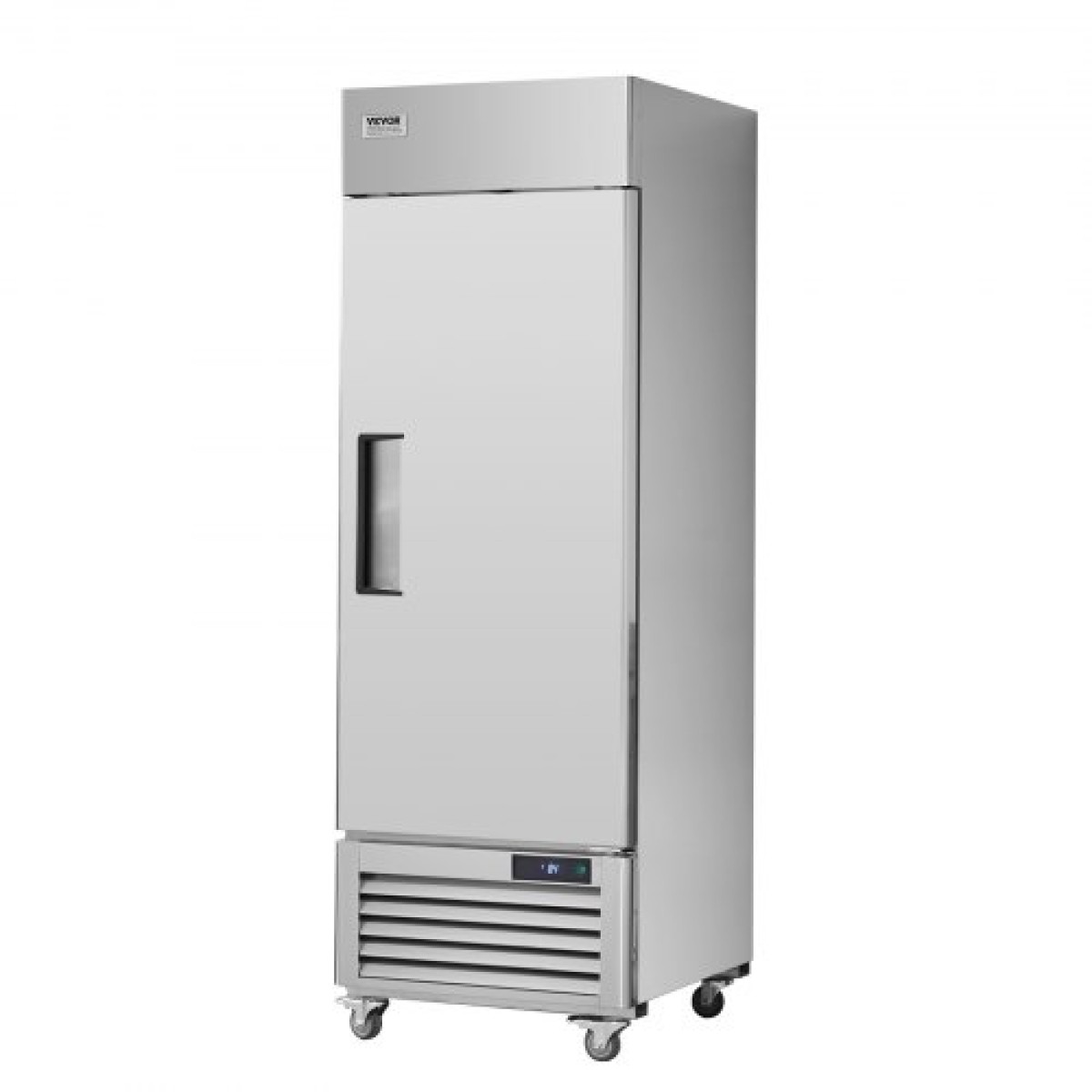 Επαγγελματικός καταψύκτης VEVOR 20,12 Cu.ft, Reach In όρθιος καταψύκτης μονή πόρτα, αυτόματη απόψυξη από ανοξείδωτο ατσάλι με 3 ρυθμιζόμενα ράφια, έλεγχος θερμοκρασίας από -13 έως 5℉ και 4 τροχούς