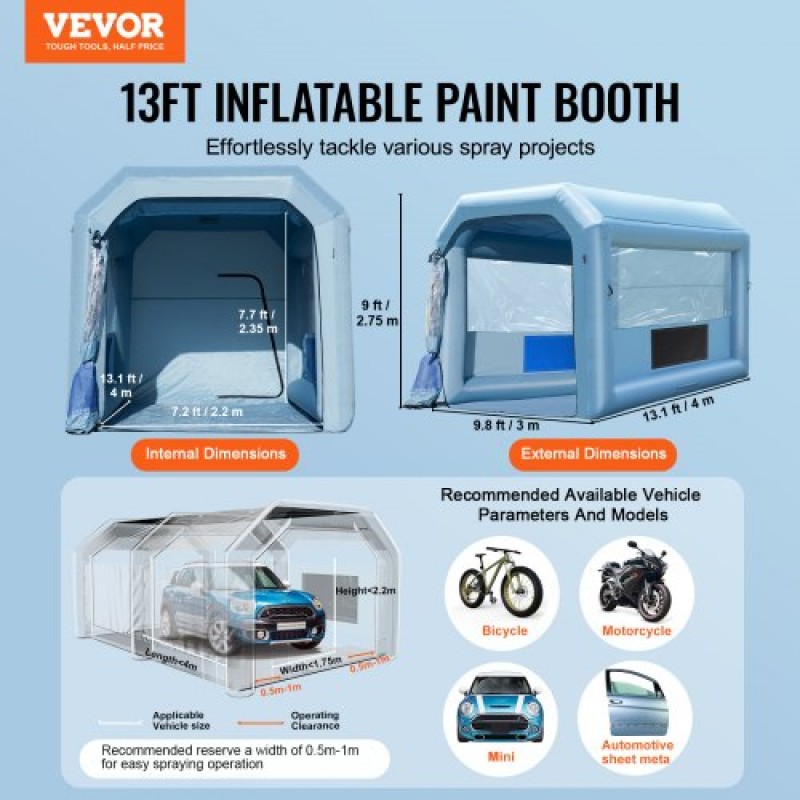 Φουσκωτός θάλαμος βαφής VEVOR, 13,1 x 9,8 x 9 ft/4 x 3 x 2,7 m Φουσκωτός θάλαμος ψεκασμού, με ισχυρό ανεμιστήρα και σύστημα φίλτρου αέρα 750 W, φορητός θάλαμος βαφής αυτοκινήτου για μοτοσικλέτα, ποδήλατο, βαφή ανταλλακτικών αυτοκινήτων